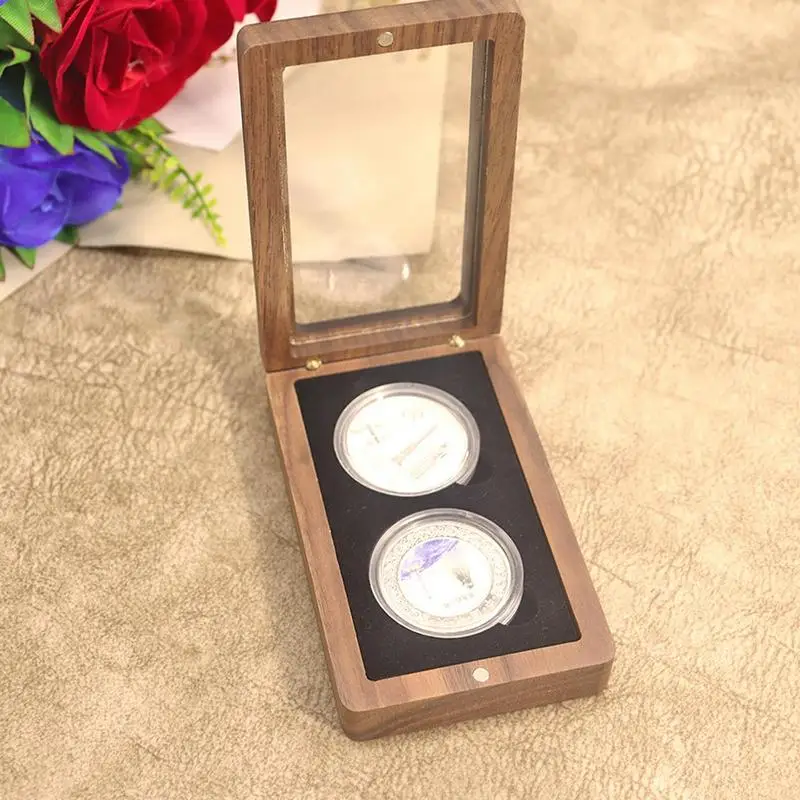 Coin Box Challenge Coin Display Box Wood Black Walnut Souvenir Emblem Organizer For Displaying Collectible Badge Case