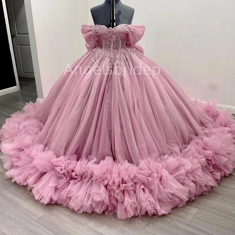 Angelsbridep Glitter Kralen Prinses Roze Ruches Trein Baljurk Quinceanera Jurk Feestjurken Vestidos 15 Años Quinceañera