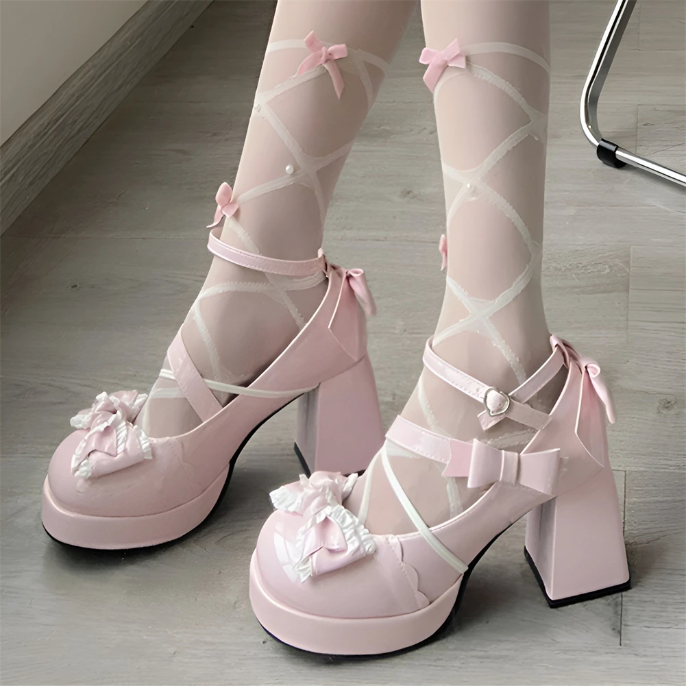 Lolita Bow Decor Bombas para Mulheres, Plataforma Chunky Salto Alto, Alça no Tornozelo, Doce, Elegante, Bonito, Elegante Sapatos para Menina