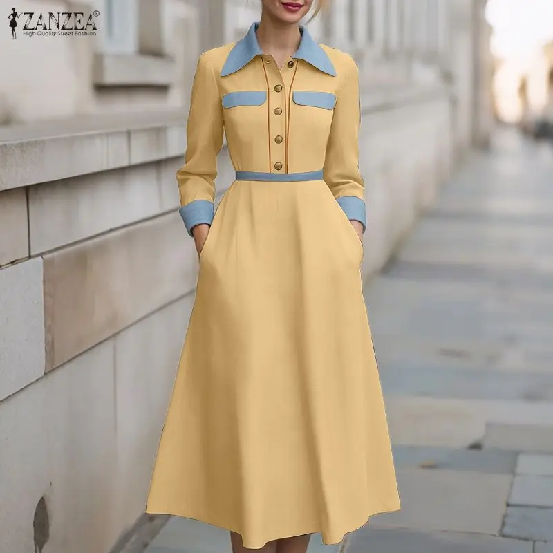 

ZANZEA 2026 Весеннее платье-рубашка женское, элегантное, с отложным воротником, длинным рукавом, для работы, стильное, А-силуэт, с лоскутным узором, платье-сарафан, Robe Femme