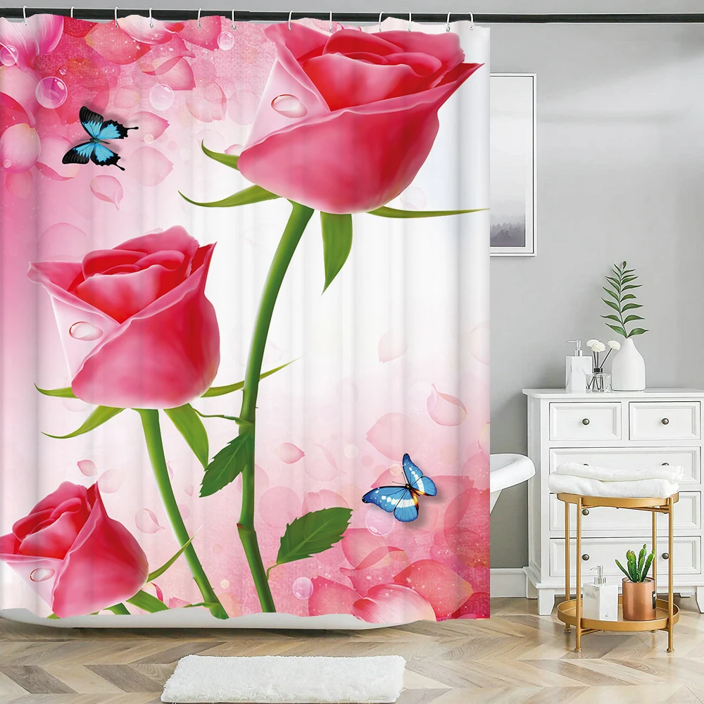 Pink Roses Flower Butterfly Shower Curtain With Hooks Waterproof Polyester Fabric Print Bath Curtain Bathroom Accessorie Decor