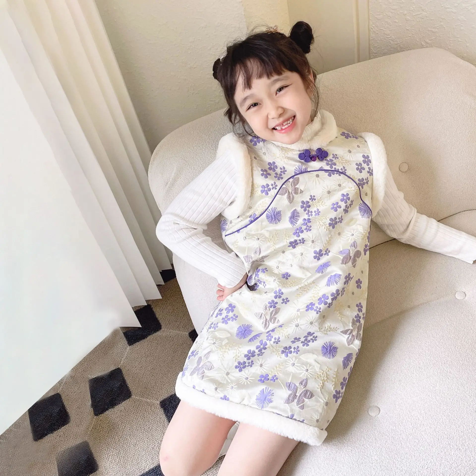 

Qipao Traditional Chinese Garments Tang Top Girls Dresses High Quality Embroidery Jacquard Cotton Padded Heavy Hanfu Vest Dress