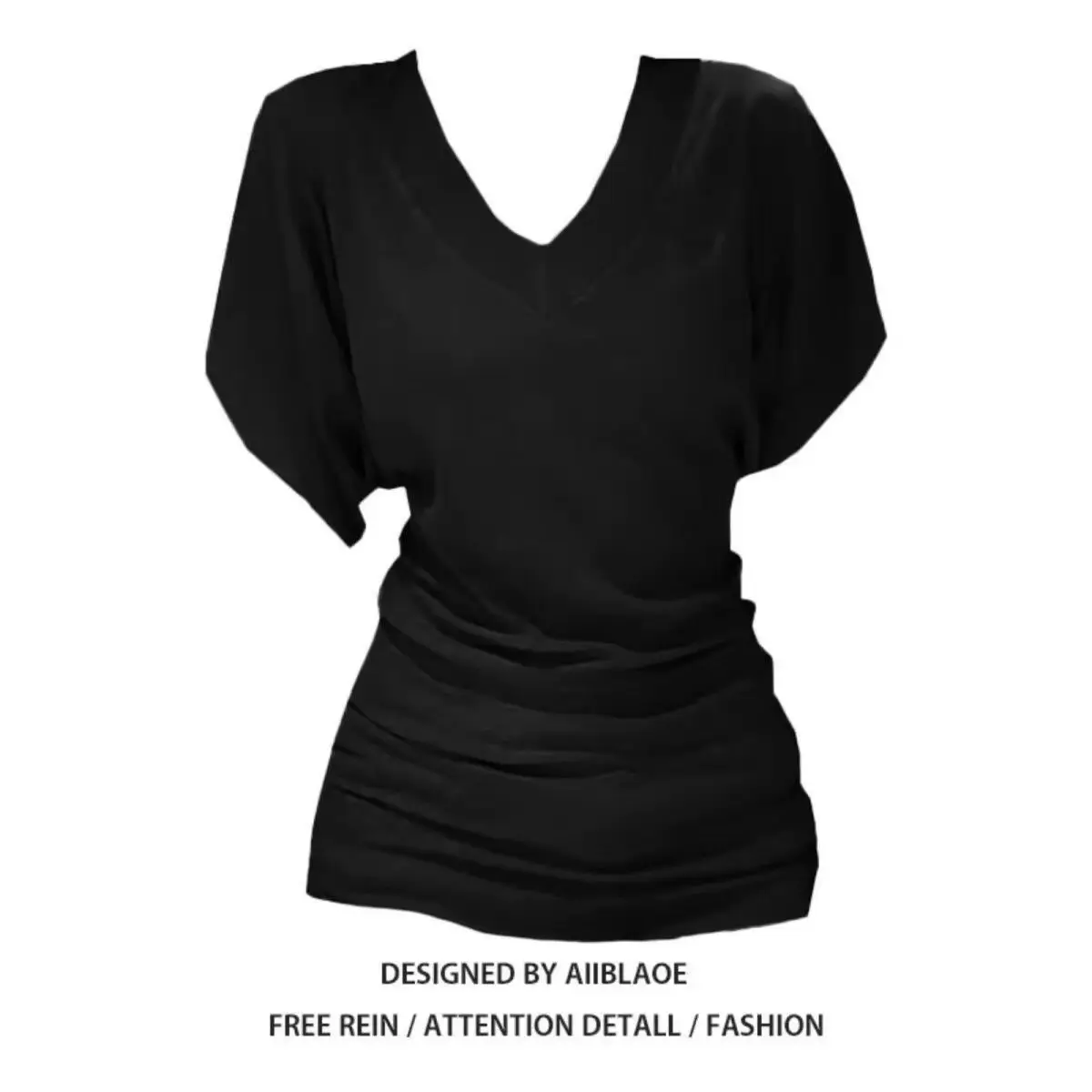 Deep V-Neck Batwing Sleeve T-Shirt Summer Ruched Waist Casual Chic Top Women Waist-hugging T-shirtYY72