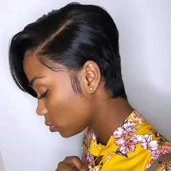 Pelucas de cabello humano brasileño con corte Pixie para mujeres negras, corte Bob recto, parte en T, encaje frontal corto