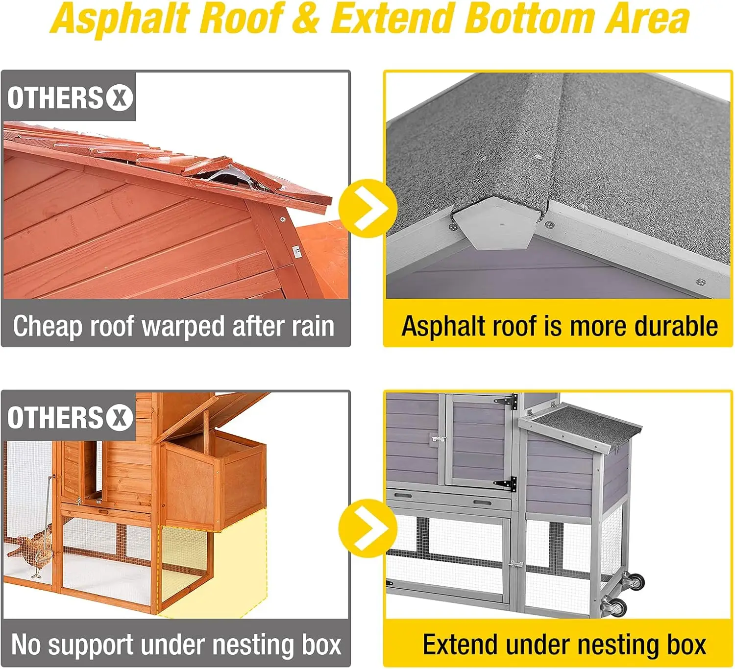 80in حظيرة الدجاج المتنقلة بيت الدجاجة قفص الدواجن الخشبي في الهواء الطلق مع صندوق التعشيش بعجلات