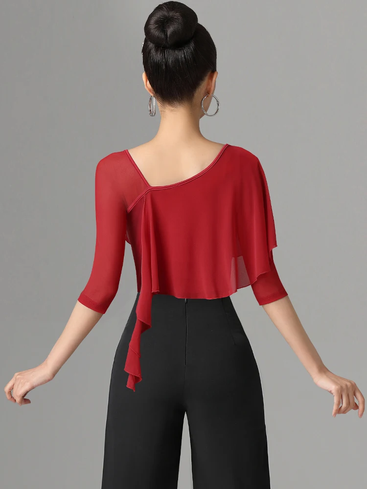 بلوزة رقص لاتيني أنيقة للنساء البالغات، ملابس رياضية تنافسية عصرية قياسية، مصنوعة من البوليستر بأكمام قصيرة، مناسبة لرقصات ال...