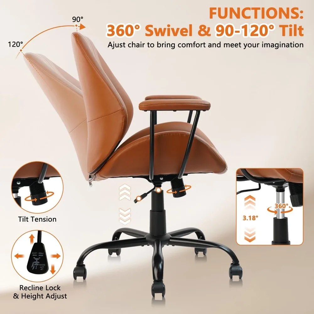 كرسي مكتب منزلي من CLATINA، ارتفاع قابل للتعديل، كرسي حديث من جلد البولي يوريثان في منتصف القرن، دوار متوسط الظهر مريح للتنفيذ #5