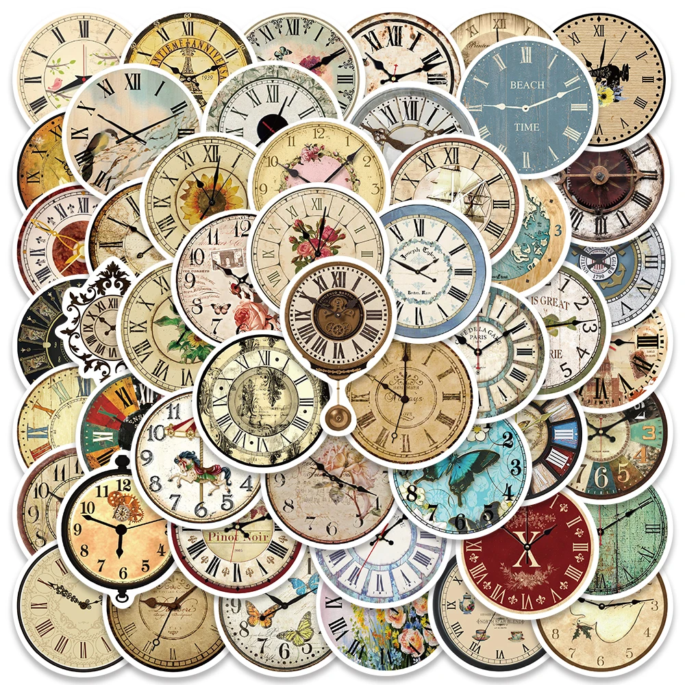 50PCS Vintage INS Circular Clock Cartoon Sticker Decoration Scrapbooking Bicycle Diary Album Stationery Kids Toy Stickers