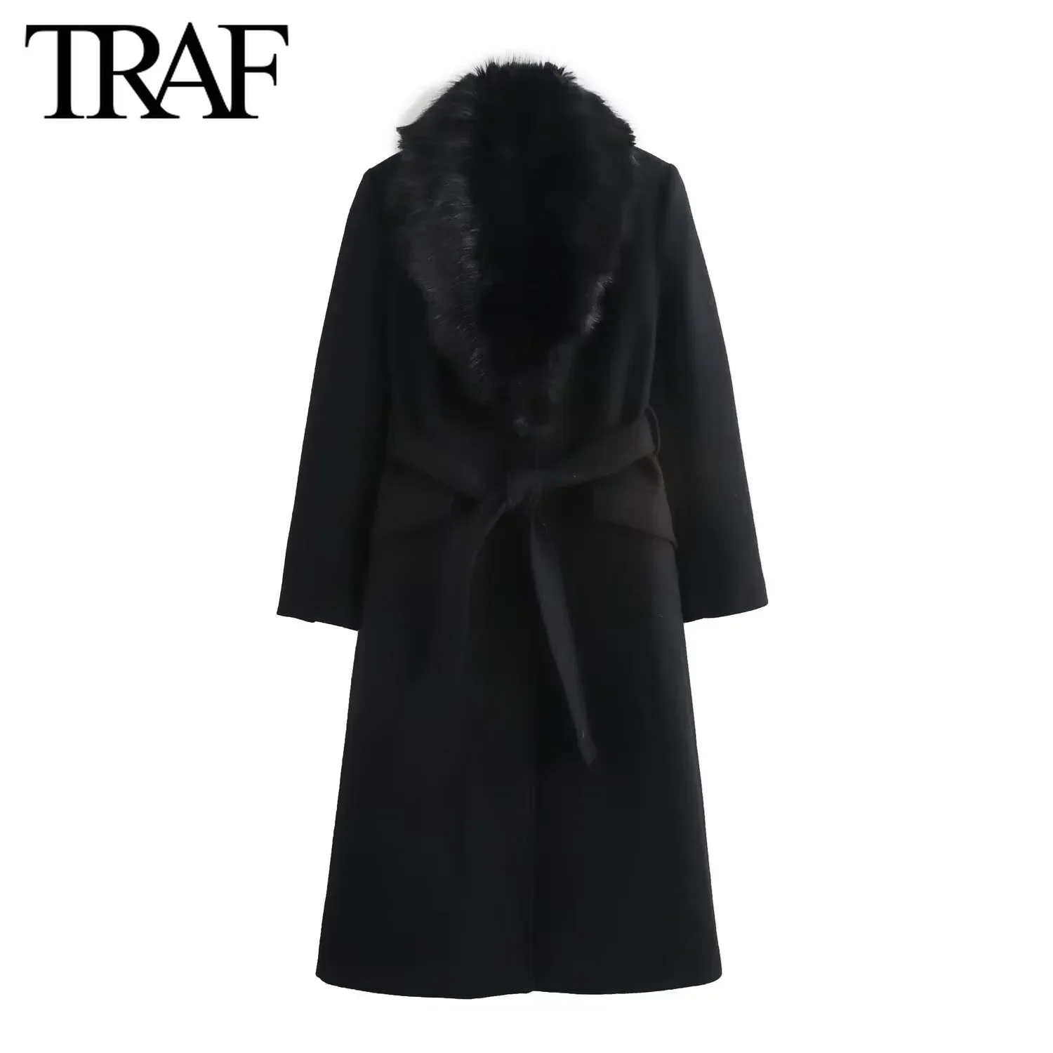 TRAF abrigo de lana para Mujer moda Otoño Invierno nuevo negro cálido de manga larga Fack cuello de piel cinturón abrigos largos chaqueta Mujer