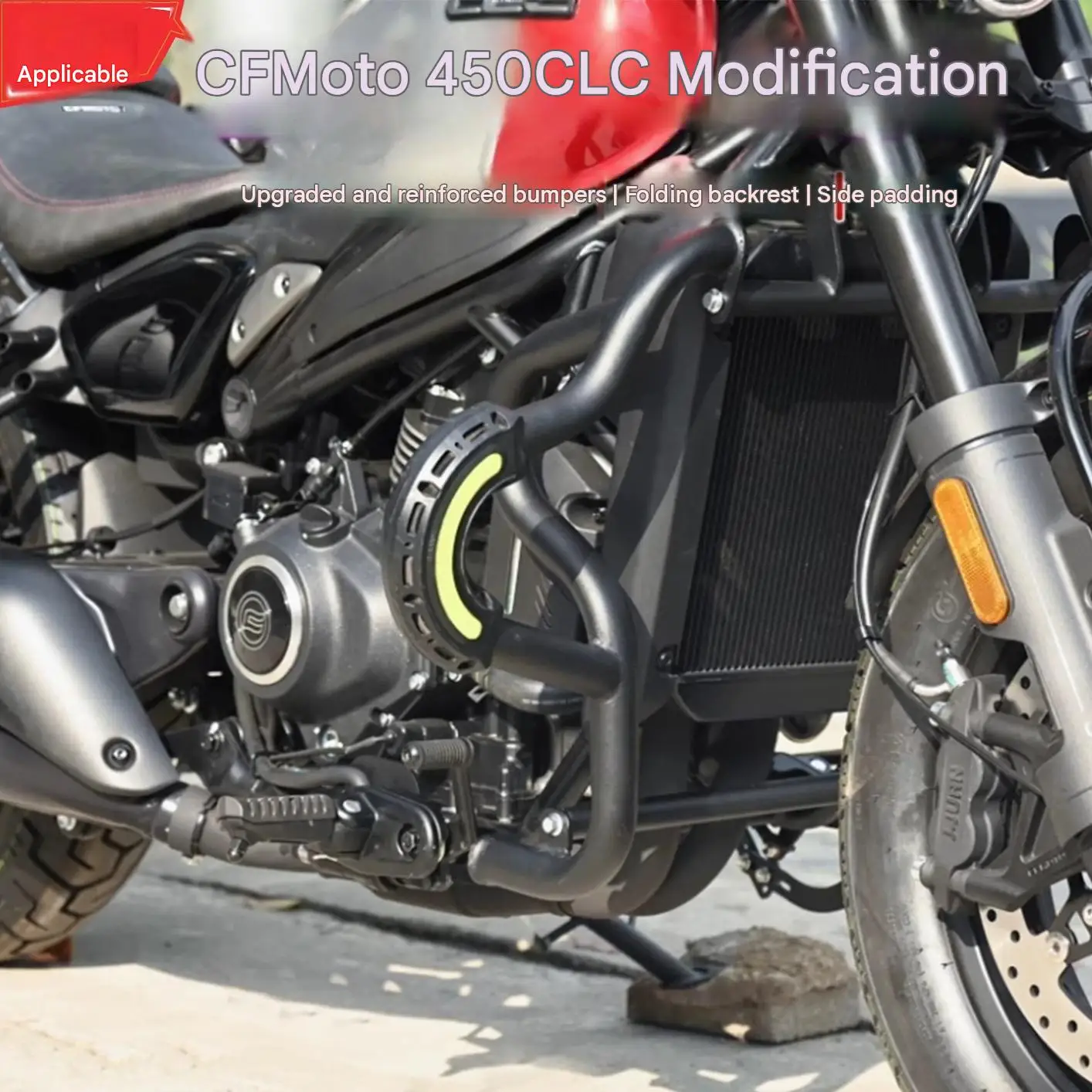 For CFMOTO 450CLC Cruiser Motorcycle Crash Bar Kit Modified Thick-Walled Tubing Impact Dispersal Folding Backrest Included
