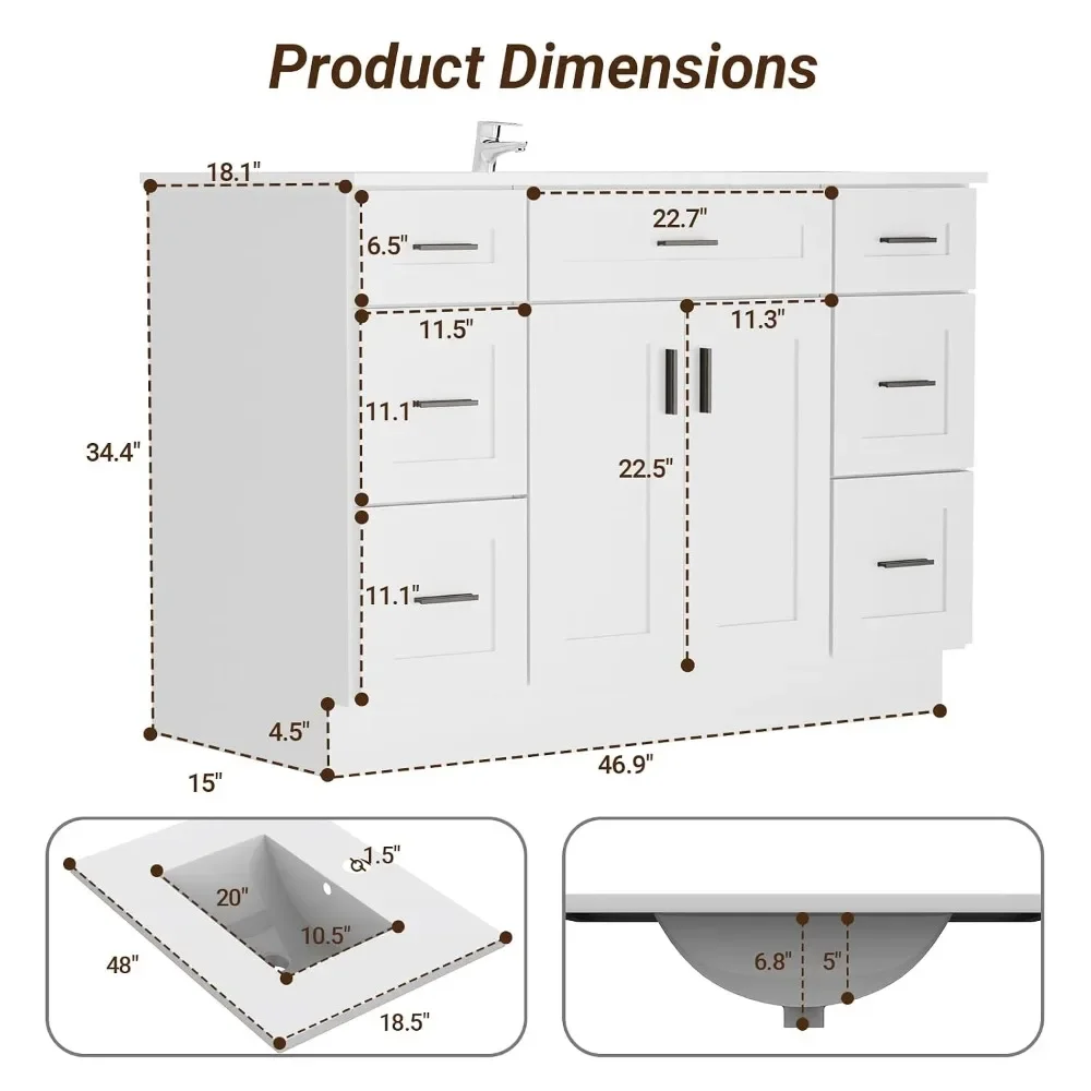 48 Inch Freestanding Bathroom Vanity with 6 Drawers & 2 Soft Close Doors, Modern Wood Cabinet Ceramic Sink Countertop, Custom