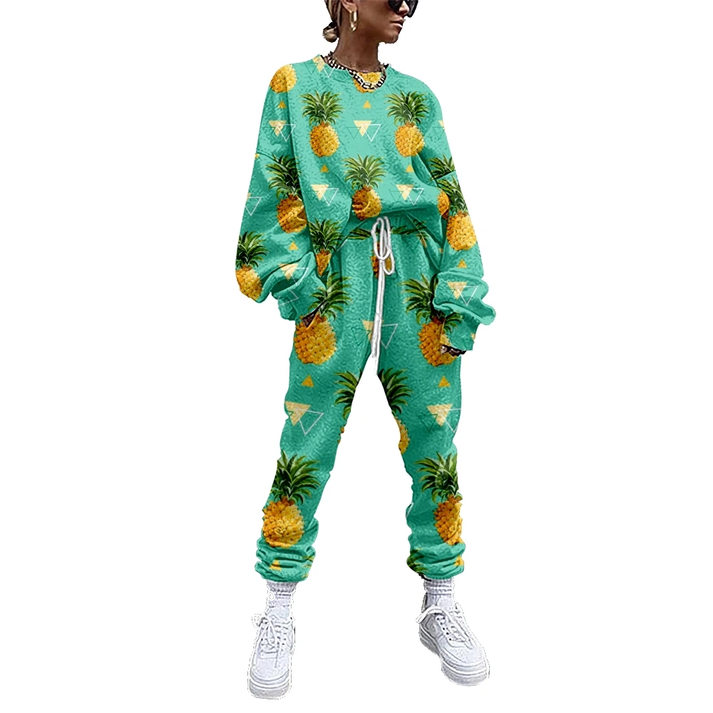 

Women Tracksuit 2 Piece Outfit Sweatshirt+Straight Sweatpants Matching Set Fruit Pineapple Fitness Sporty Streetwear 10