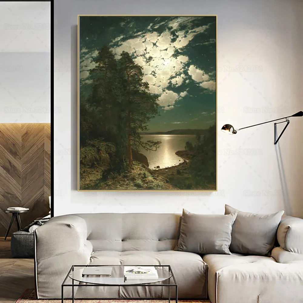 Hjalmar Munsterhjelm Moonlit Night Canvas Painting Cloud Moon Lake Pine Tree Peaceful Landscape Wall Art Decor