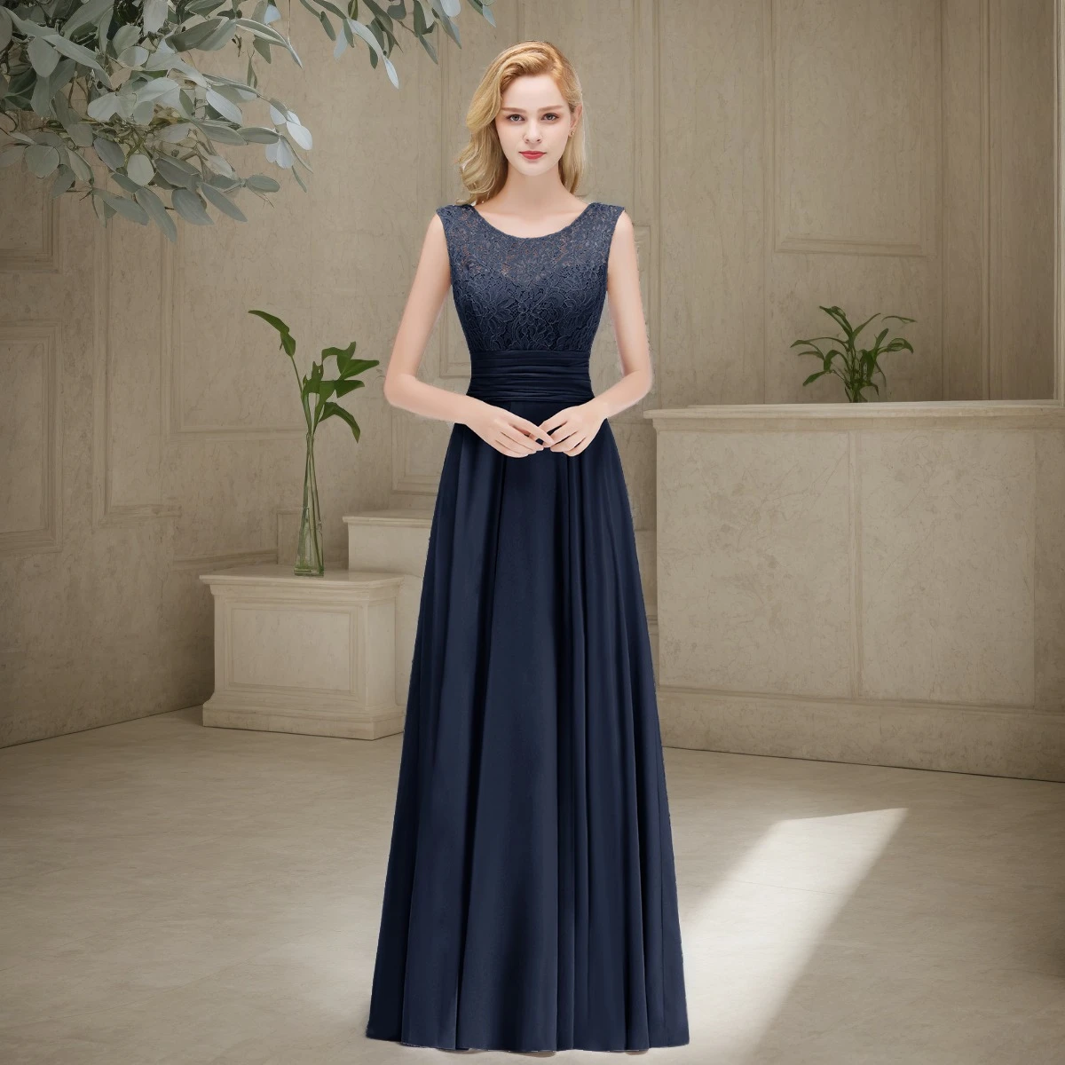 

Elegant Lace Evening Dresses Cutout Floral Lace O-Neck V-Backless Prom Dress Sashes Empire Sleeveless Formal Occasion Vestidos