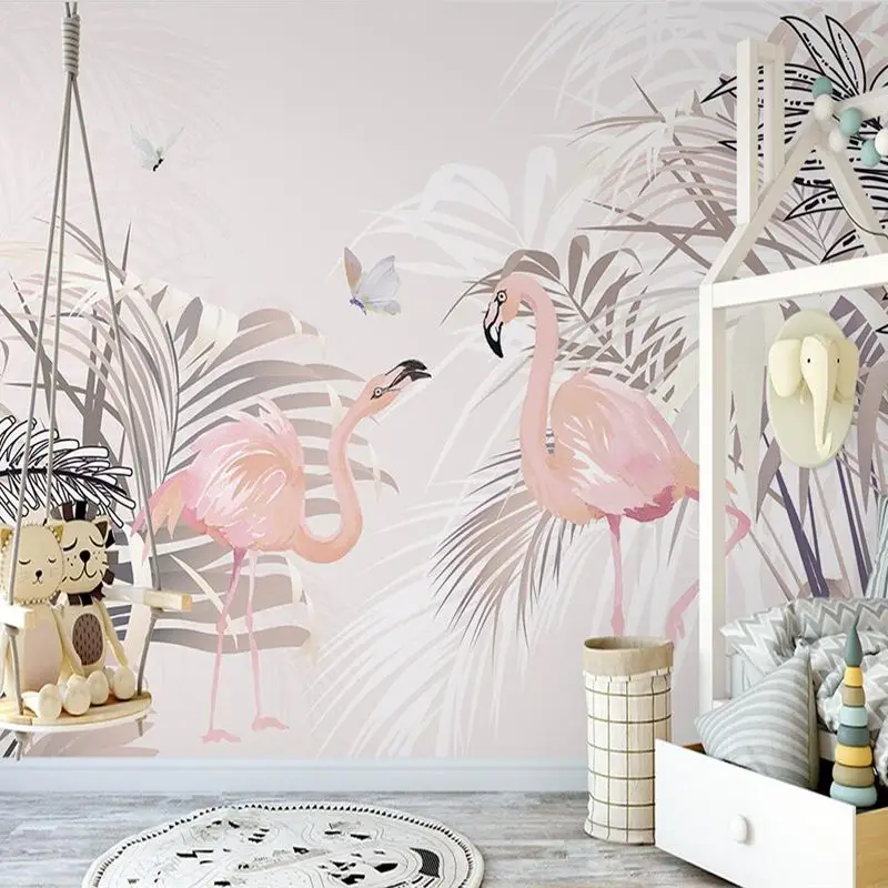 

Custom wallpaper 3d hand-painted Nordic fresh plants palm tree flamingo mural living room children's room indoor background wall