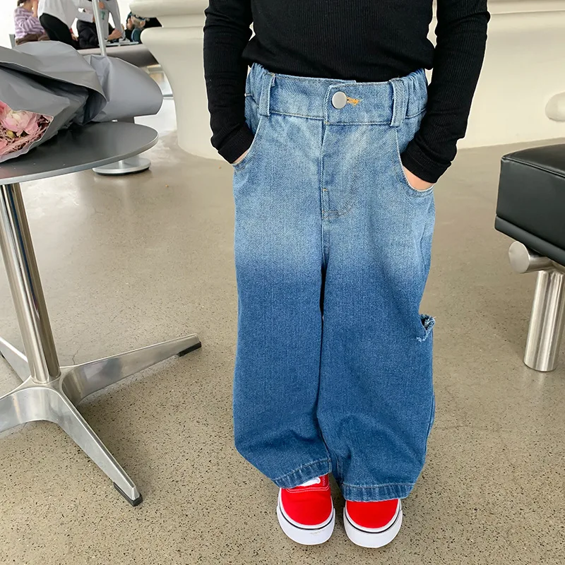 

New Children Jeans Men and Women Fashionable Gradual Broken Straight Trousers Floor Pants