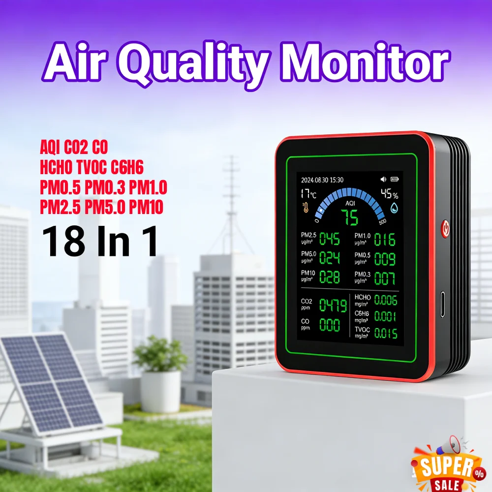 

Многофункциональный детектор качества воздуха 18 в 1: CO2, HCHO, TVOC, PM2.5 с TFT-дисплеем для дома, автомобиля, офиса, растений