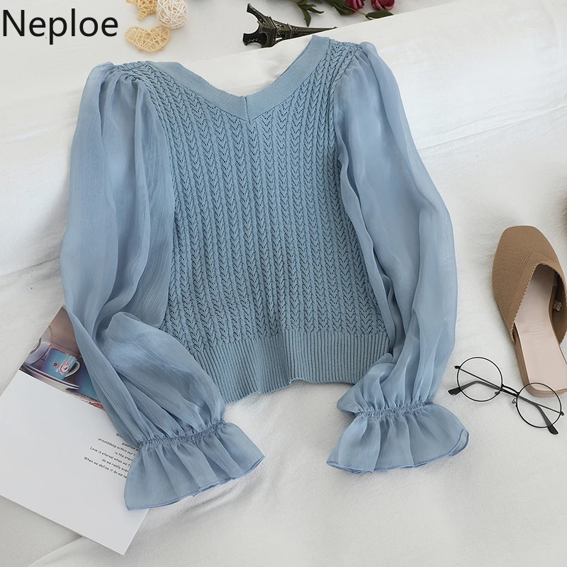 Neploe Fashion Patchwork Mesh Blouse Women V Neck Knit Flare Long Sleeve Blusas 2024 Autumn Spring New Slim Shirt Elegant 47108