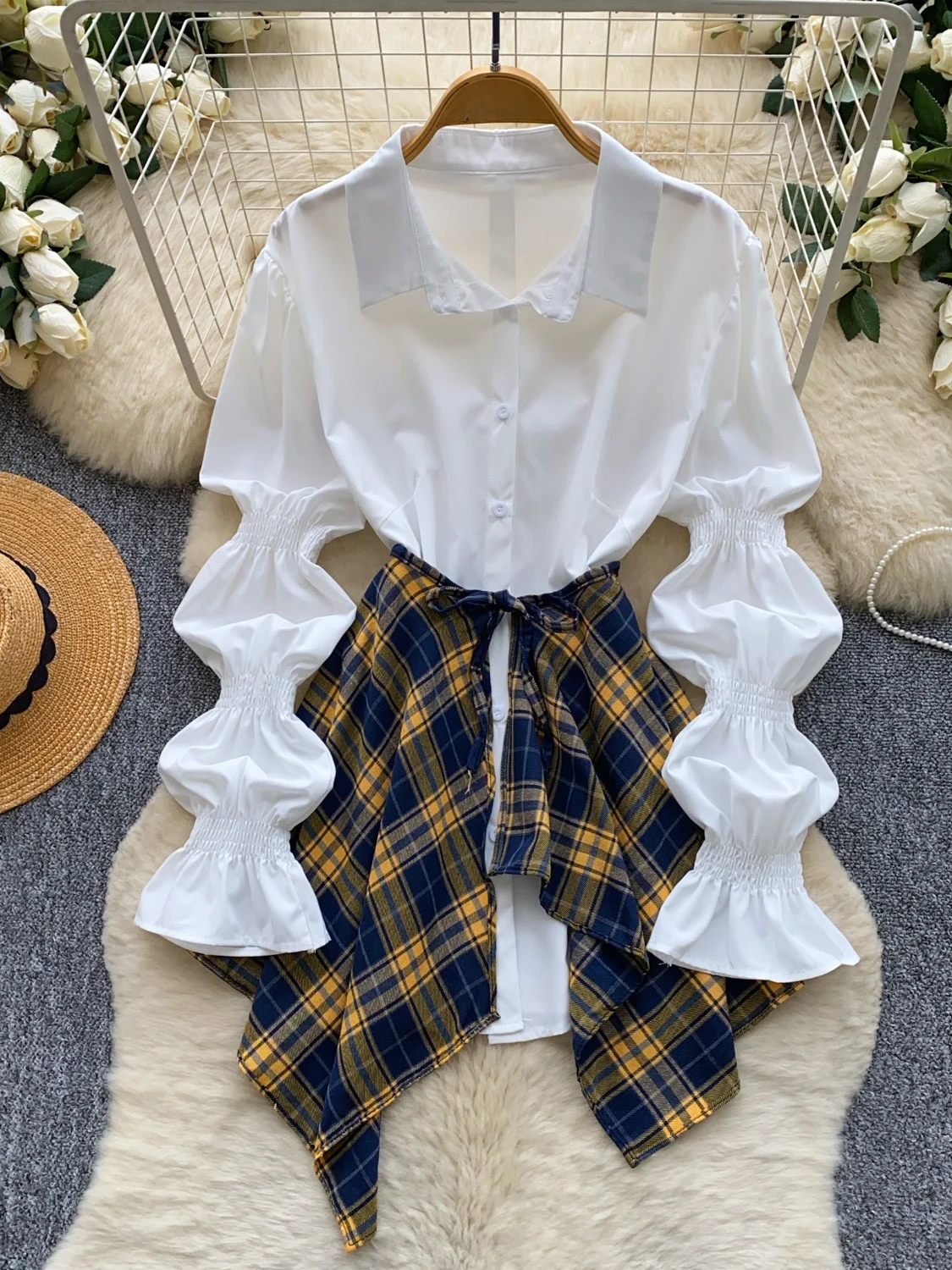 Korean College Style Bubble Sleeve Shirt And High Waist Skirt Set Women's Autumn Fashion Outfit Small Size Age Reduction