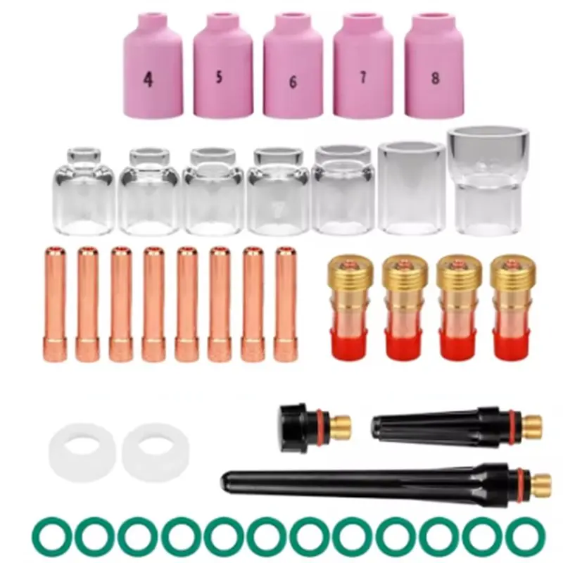 A98E-Kit For WP17/18/26 Forged Torch- 41Pcs TIG Welding Torch Nozzle Ring Cover Gas Lens 4-12 Pyrex Glass Cups 2.4Mm Set