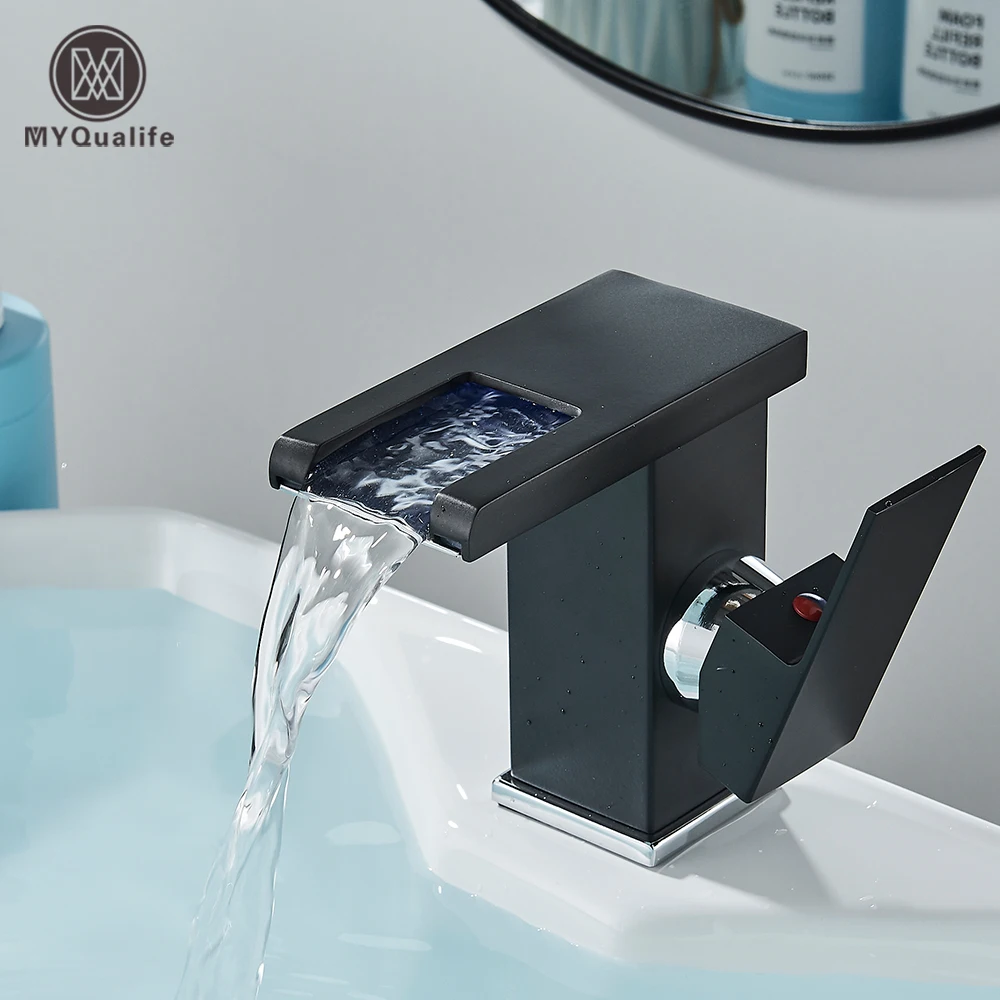 Badezimmer-LED-Wasserfall-Waschtischarmatur, Deck-Montierte Warm-Kalt-Wassermischbatterie, Einhand-Einloch-Mischbatterie