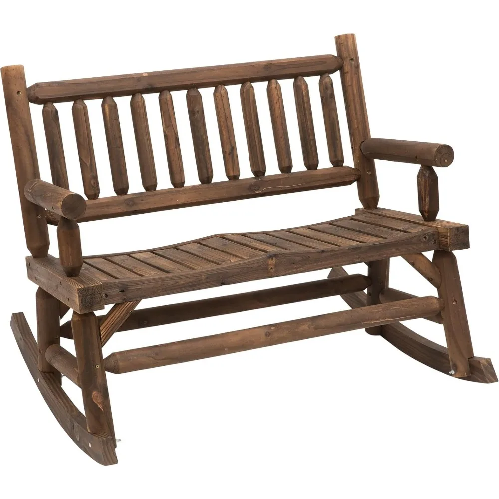 

2-Person Wood Rocking Chair with Log Design, Heavy Duty Loveseat with Wide Curved Seats for Patio, Backyard, Garden