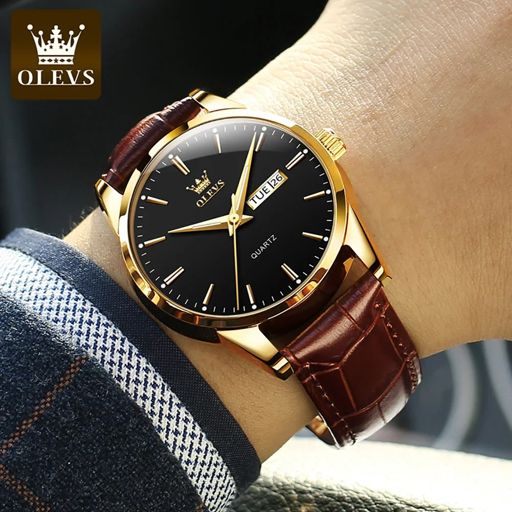 OLEVS 6898 Business Genuine Leather Strap Men Wristwatch Waterproof Quartz Dual Calendar Great Quality Watches for Men Calendar