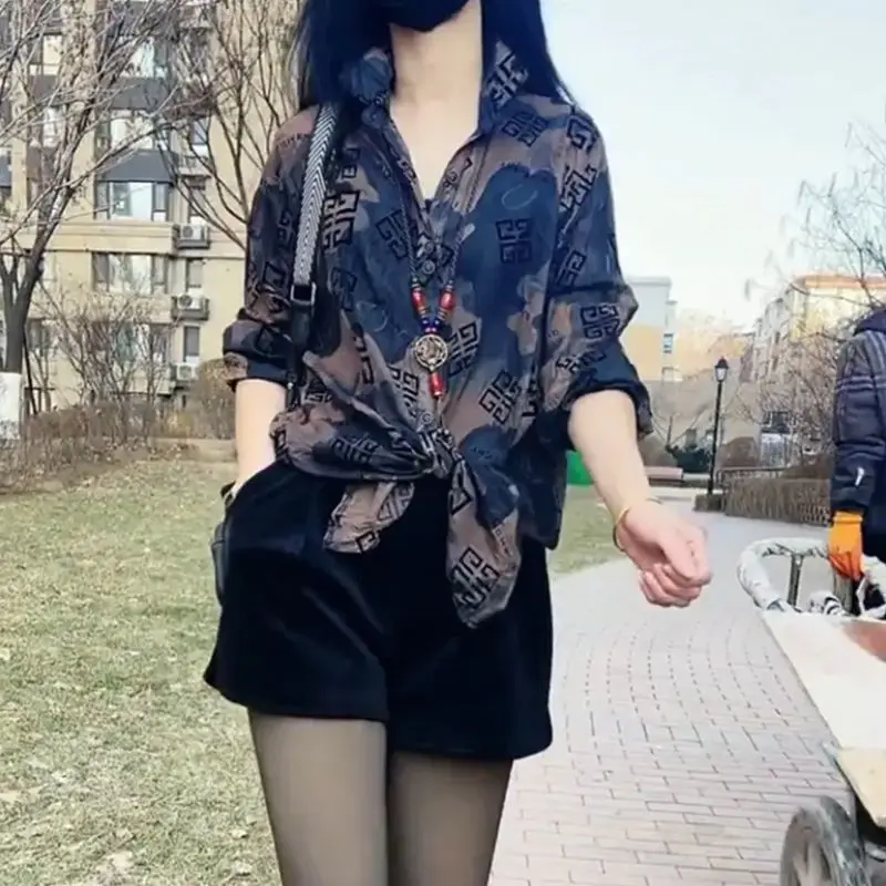 Estilo artístico gola polo camo impresso camisa primavera outono casual solto algodão linho topos temperamento roupas da moda para mulher