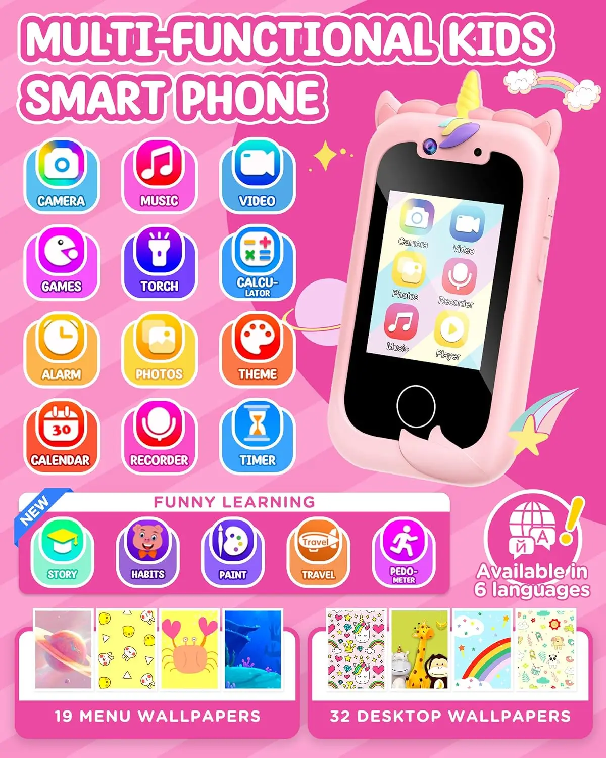 Smart Phone Meisjesspeelgoed voor kinderen: Kerstverjaardagscadeaus voor meisjes van 3-10 jaar - Werkende echte mobiele telefoon - Peuterspeelgoed Leren Ph