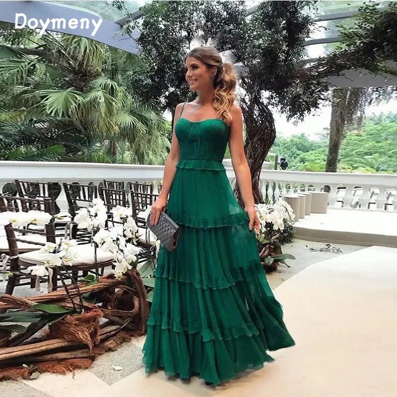 Doymeny Tiered Prom Dresses Chiffon Spaghetti Straps A-line Evening Dresses Elegant Sleeveless Long Party Dresses Vestidos Robe