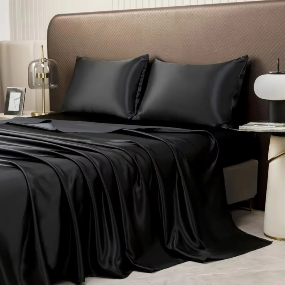 

3pcs/set Luxury Silky Satin Bed Sheet Sets Smooth Ice Cooling Top Sheet Set Dustproof Solid Color Bed Linen B&B