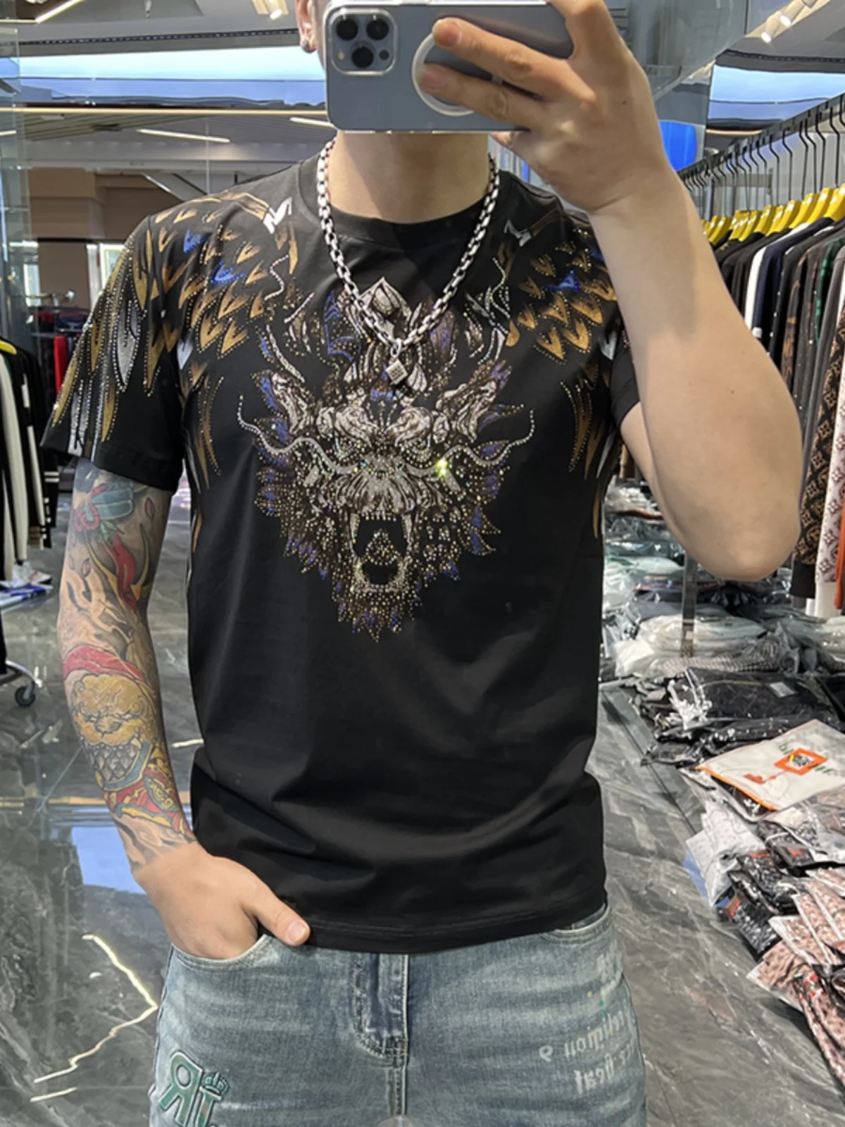 Summer New Fashion Round Neck Casual Dragon Printed Rhinestones Slim-Fit Short-Sleeved T-shirt Men's All-Match Handsome Tees Top