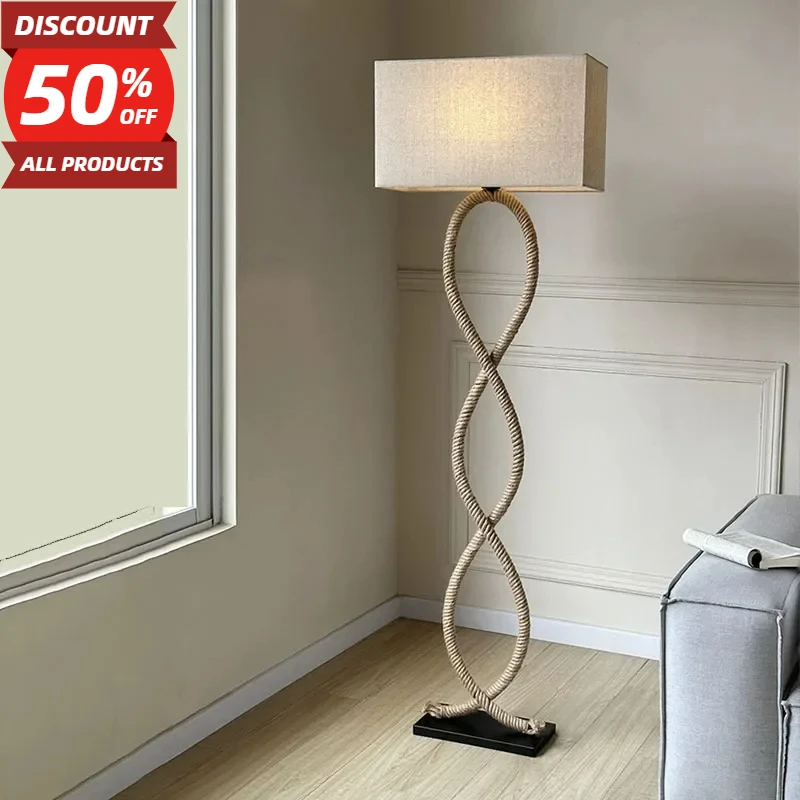 

Nordic Retro Wabi Sabi Hemp Rope Fabric Shade Led Floor Lamp Bedroom Living Room Home Decor Sofa Corner Bedside Standing Light