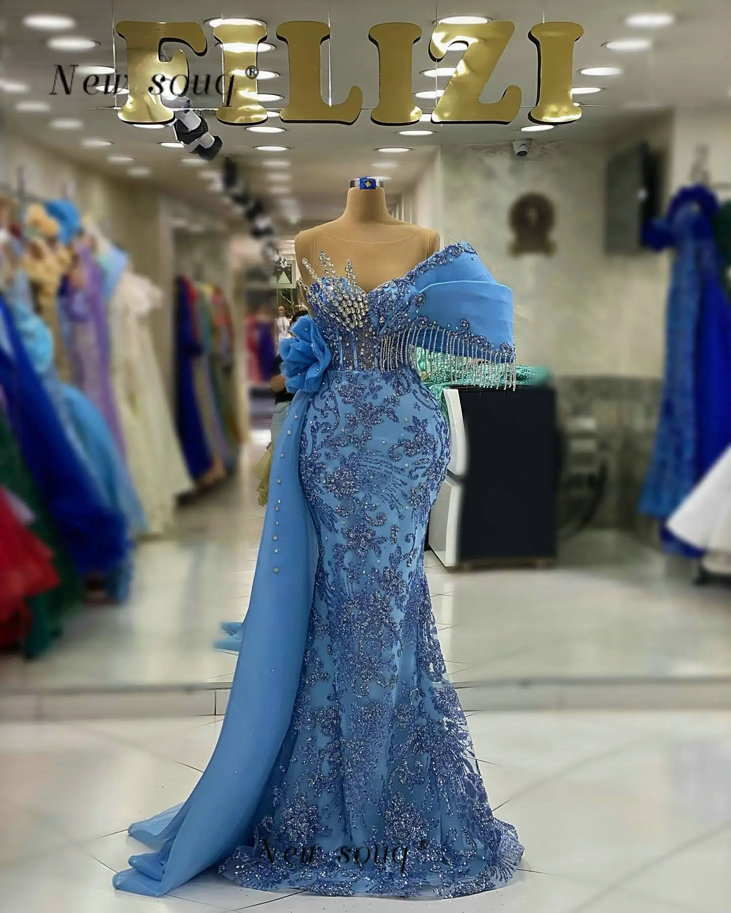 African Fashion Blue Long Mermaid Evening Dresses Customized Sparkle Silver Crystals Tassel Arabic Formal Wedding Party Gown