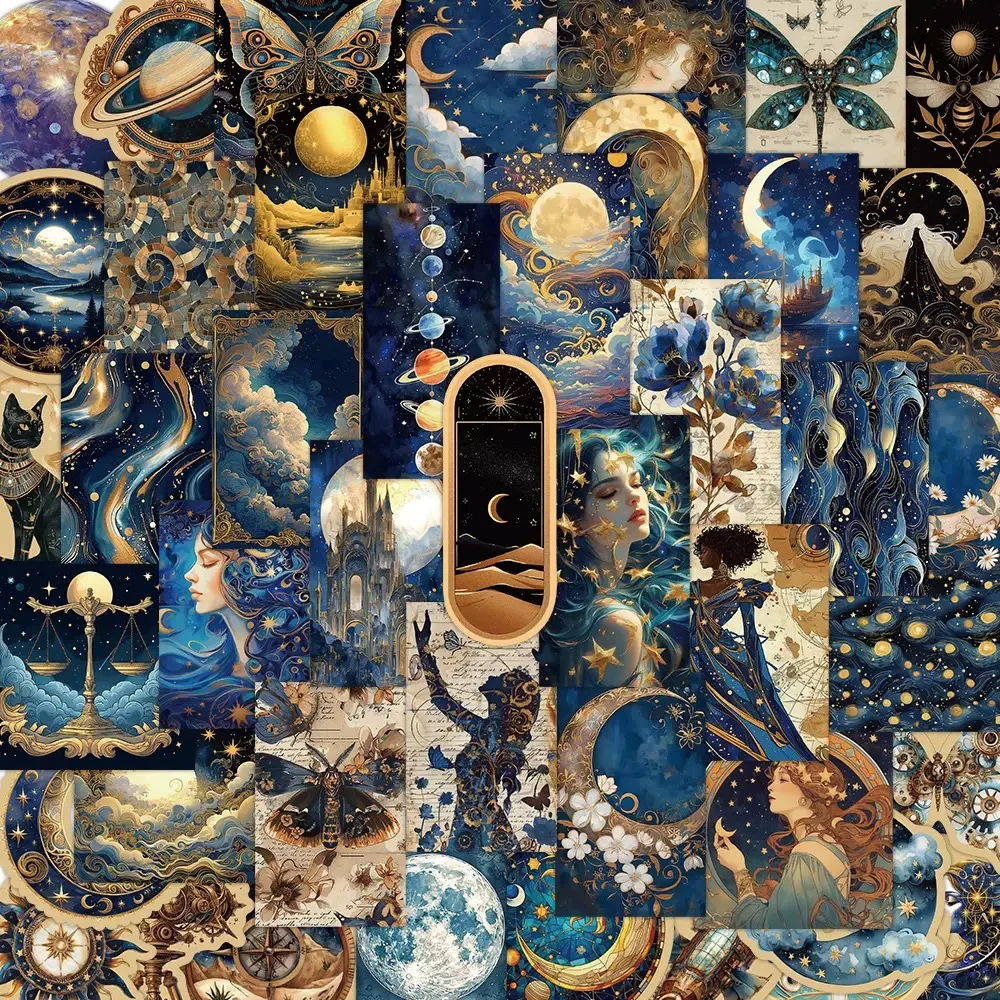 50 Stück/Packung Coole Goldene Gotische Katzen-Mond-Graffiti-Aufkleber Punk Weltraum-Planeten-Abziehbilder Laptop Gepäck Handy Wasserdichte Aufkleber
