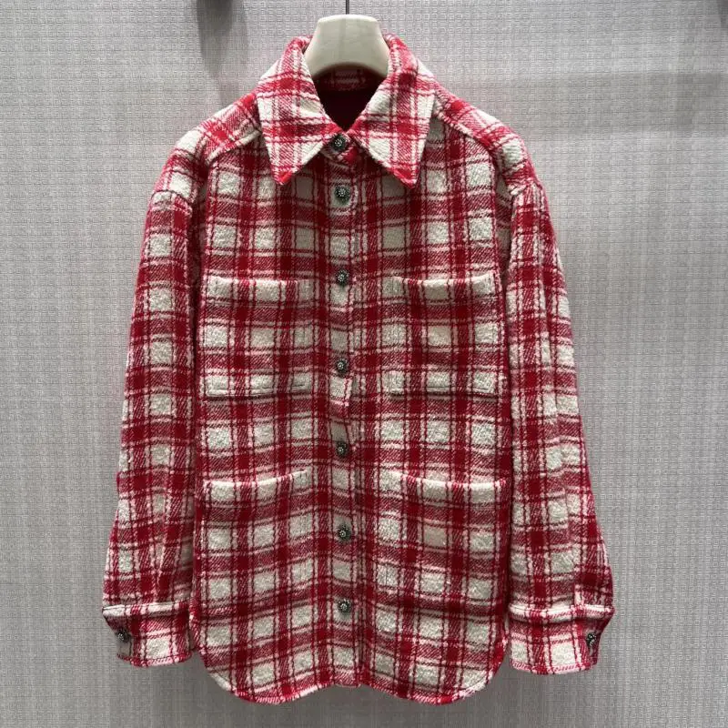 New Fashion All-match Slim Look Lapel Long Sleeve Plaid Shirt Women's Simple Casual Retro Solid Color Top