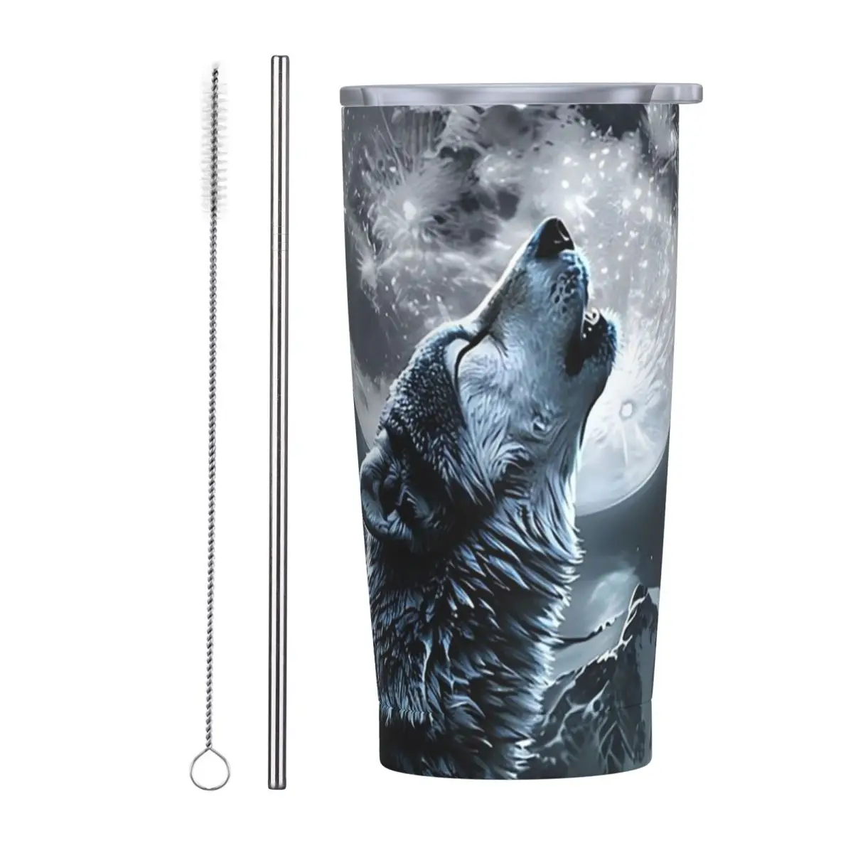 Howling Wolf Under The Moonlight Print Stainless Steel Tumbler Vacuum Insulated Mugs Thermal Cold Bottle Straw With Lid 20oz
