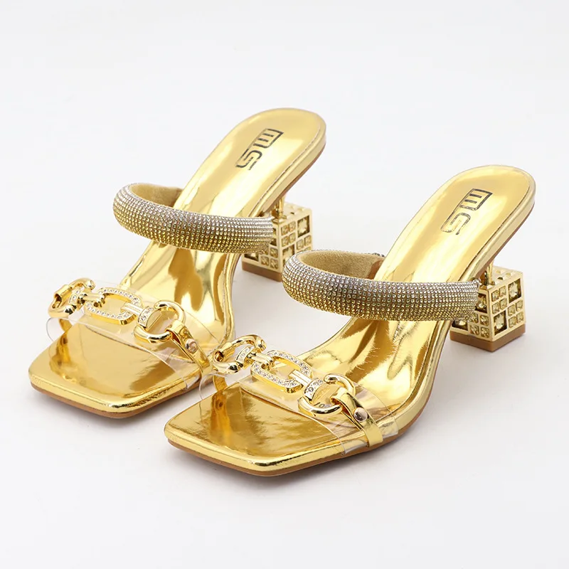 Xibeilove Women's Slippers 2024 Summer Transparent Belt Metal Decoration Box Shaped Square Irregular High Heels Wearing Sandals