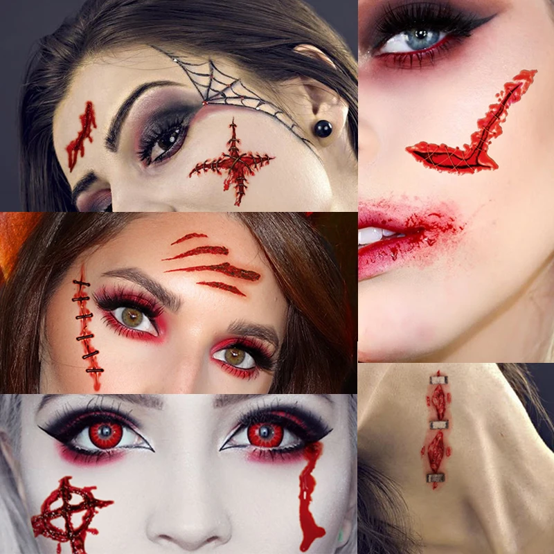 Day of the Dead Halloween Tattoos Stickers Temporary Bloodstain Wound Costume Party Festival Celebration Make Up Arm Face Tattoo