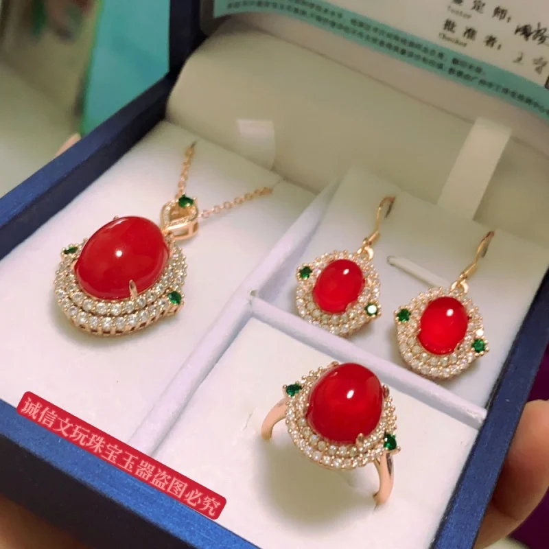 

Fidelitys925Inlaid Classic Red Agate Three-Piece Set Pendant Necklace Earrings Ring Adjustable Full Set