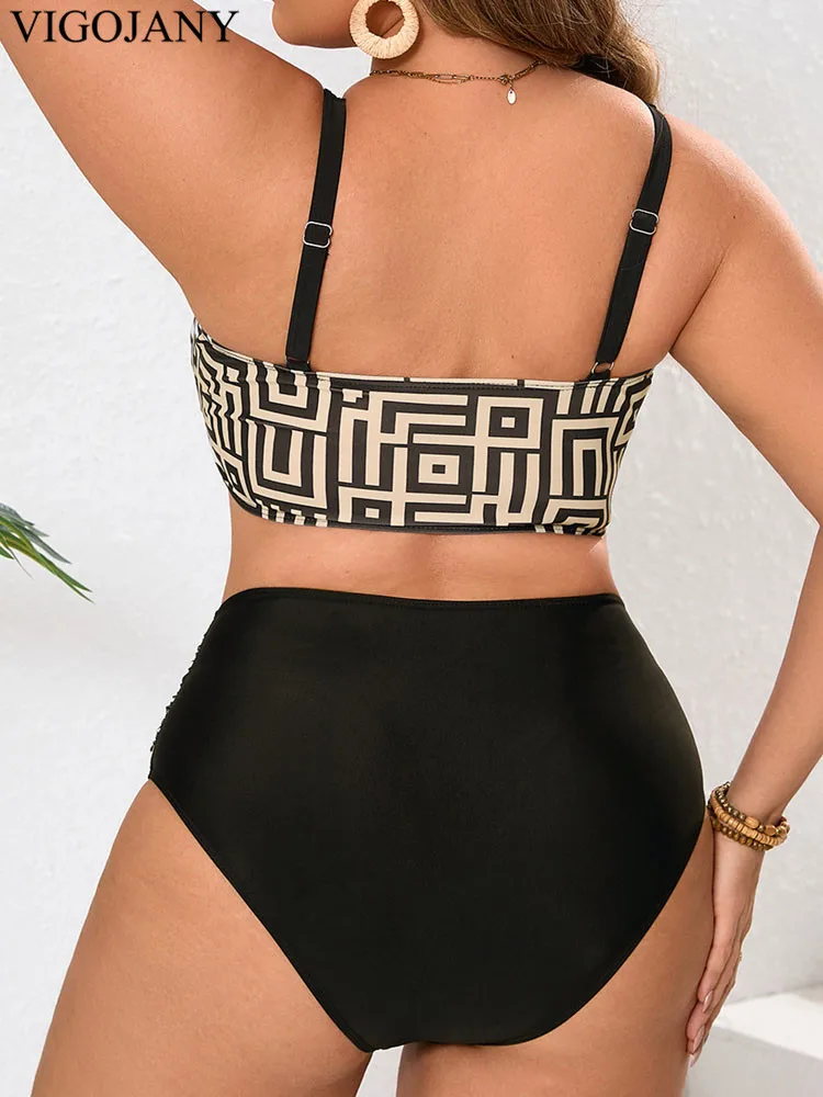 VigoJany 2025 طباعة المرقعة حجم كبير بيكيني المرأة مربوطة رفع ملابس السباحة عالية الخصر عارية الذراعين ثوب السباحة الشاطئ Bitchwear #6