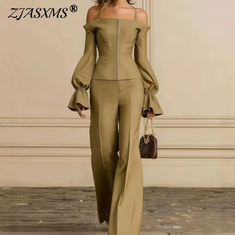 2 Piece Pants Set Women Solid Spaghetti Strap Lantern Sleeve Zip Slim Top & Wide Leg Trousers Outfits Elegant Formal Office Suit