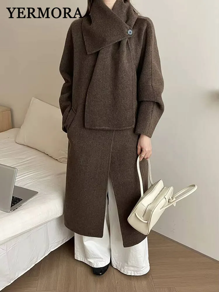 

YERMORA Beige Removable Scarf Casual Warm Woolen Coat For Women Long Sleeve Loose New Overcoat Fashion Tide Autumn Winter 2025