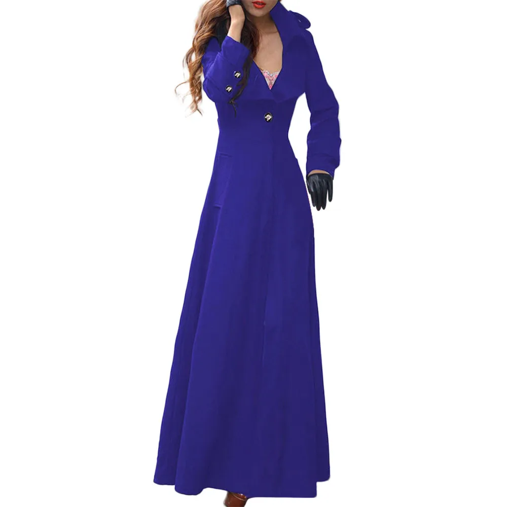 Casaco feminino slim-fit imitação de lã casaco extra-longo fino até o chão trench elegante casual trench casaco feminino