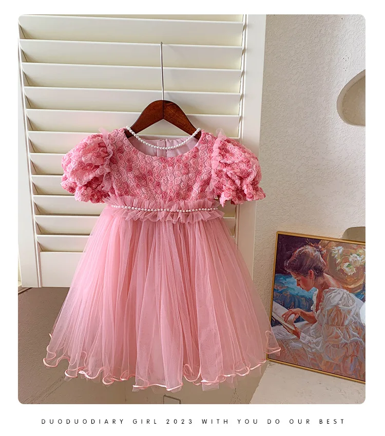 Girls Dress Summer 2024 New 3D Rose Mesh Baby Dress Childrens Princess Dress Kids Dresses for Girls