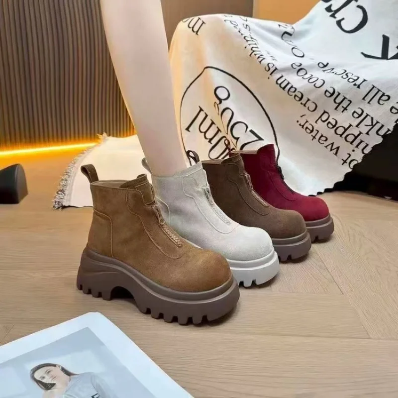 

Retro Suede Thick-Soled Height-Increasing Ankle Boots Autumn and Winter New Front Zipper Boots for Women Korean Style Versatile