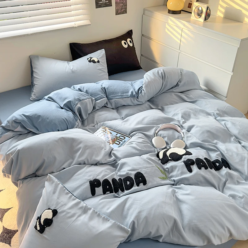 Ins Style Cartoon Washed Cotton Bedding Set Dormitory Bed Sheets Student Three Piece Set Towel Four Piece Set Soft Fabric