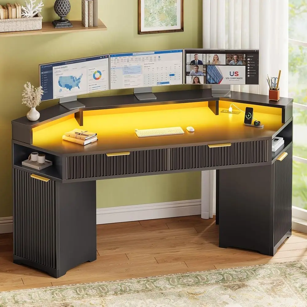 

Двойной офисный стол с местом для хранения, компактный офисный стол Diamond, игровой стол с LED-подсветкой и розеткой, черный