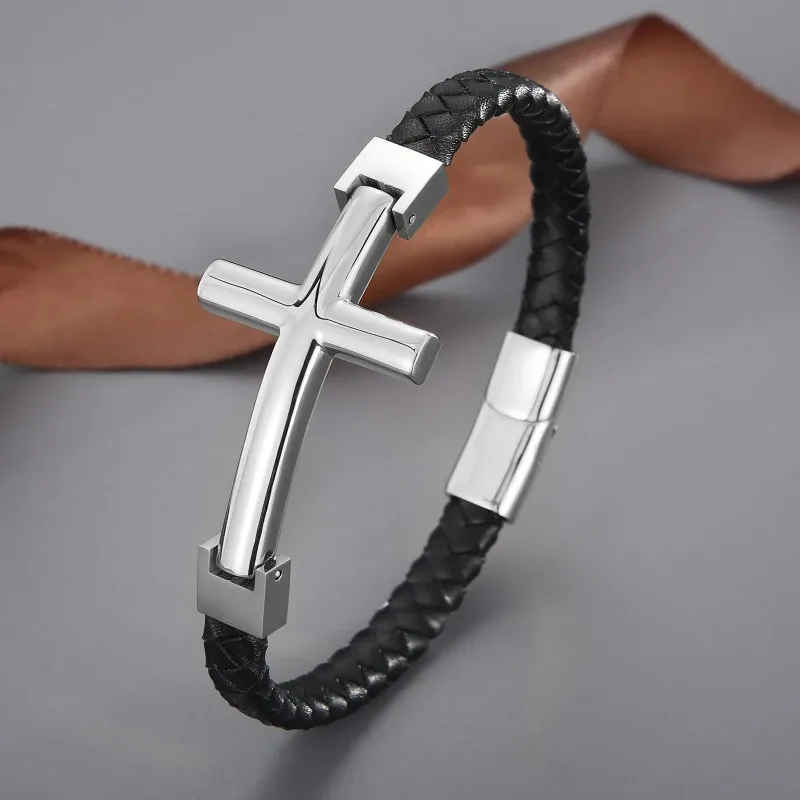 

Black Genuine Leather With Cross Charm Bracelet - Stainless Steel 304