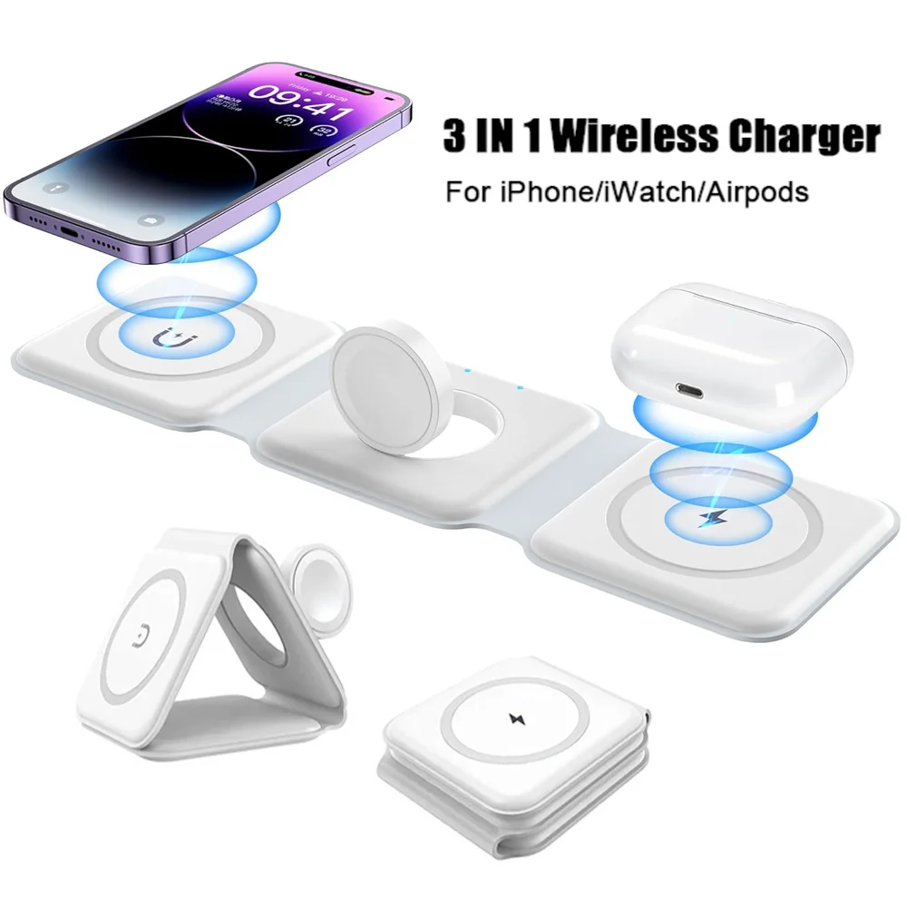 3 In 1 Wireless Charging Station Magnetic Fast Charging 18W Foldable For IPhone 16 15 14 13 12 Pro/Pro Max/Plus/Watch & Airpods